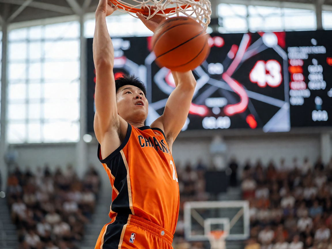 篮球赛事现场——NBA比赛中球员扣篮瞬间，球馆内观众沸腾，大屏幕显示实时比分