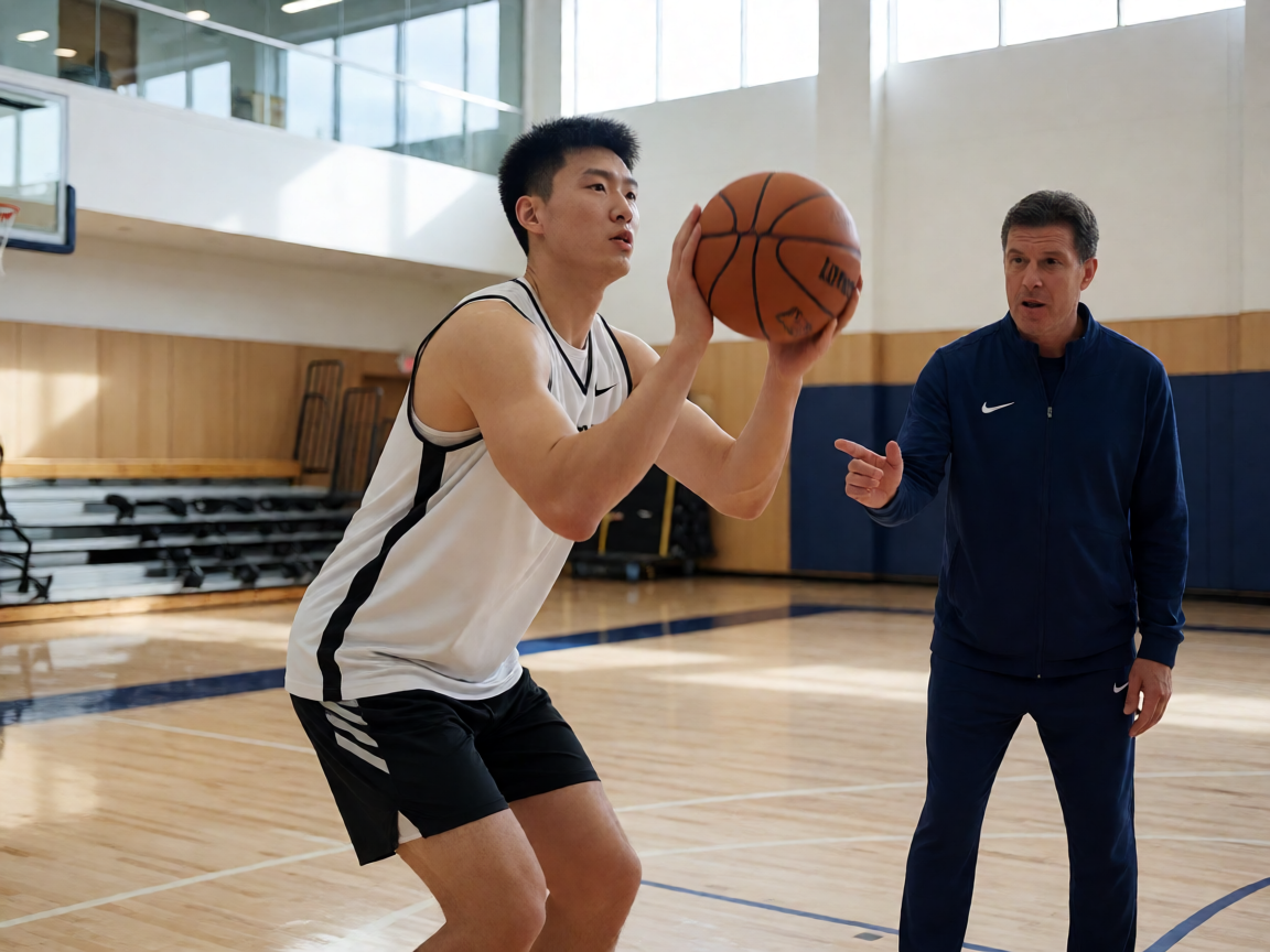 NBA球员训练——球星在训练馆进行投篮练习，教练在一旁指导