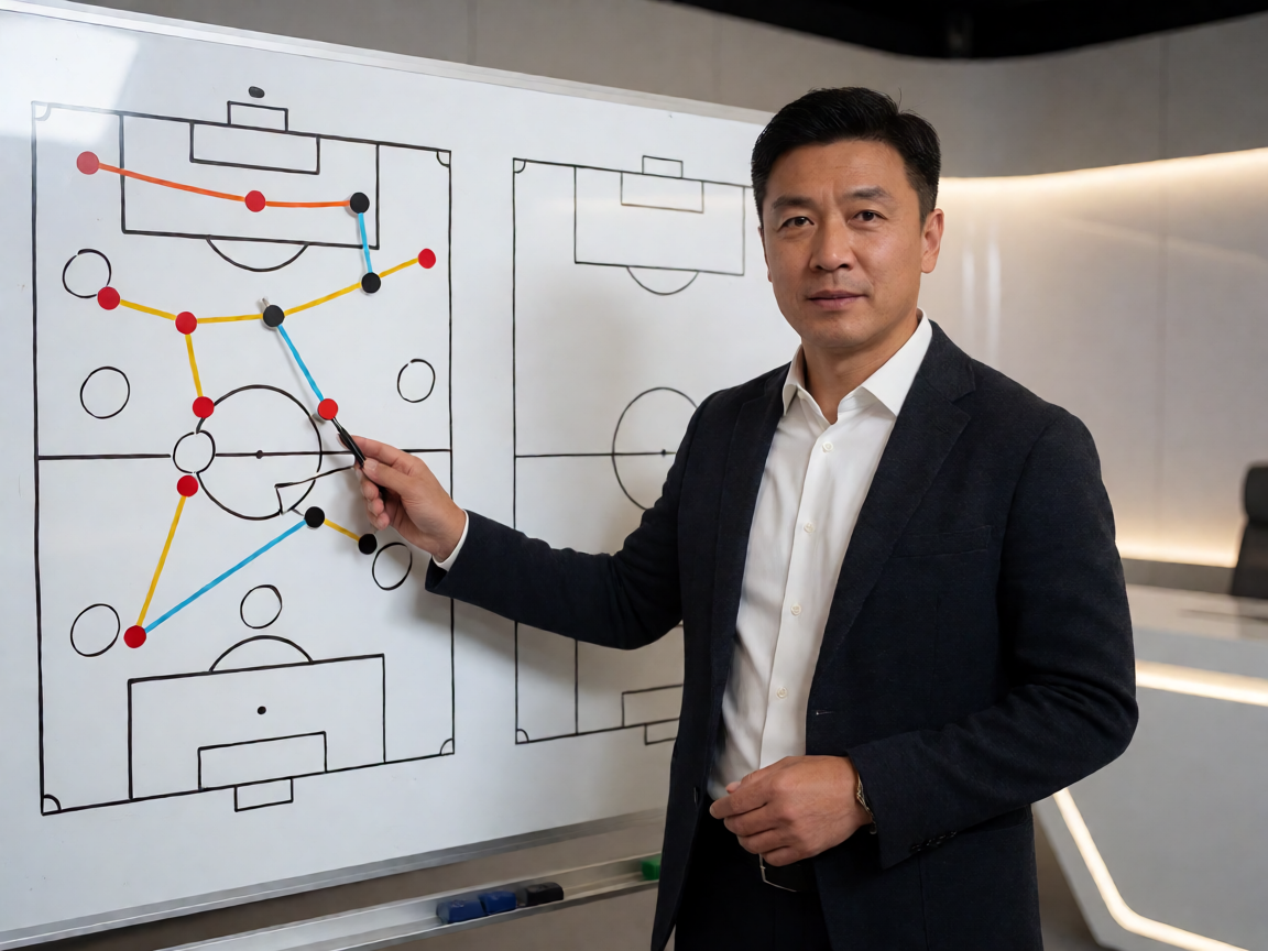 战术分析——教练在战术板前讲解高位逼抢战术